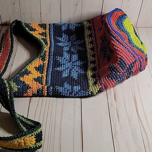 Artisan Crochet Fair Isle Southwestern multi Colored Crossbody Bag Cotton Boho - Picture 6 of 9